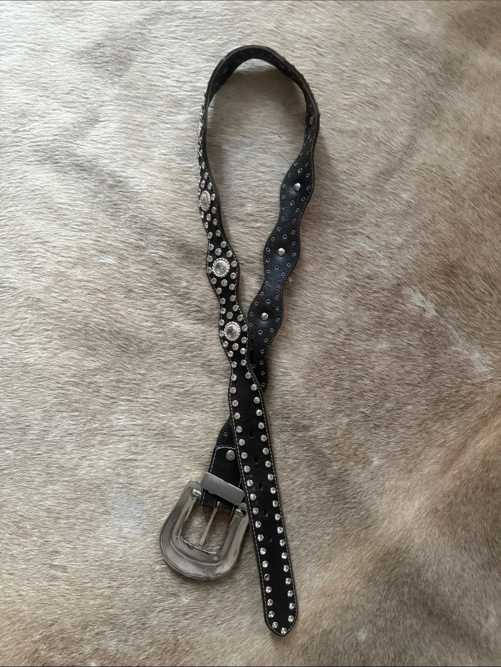 Studded Black Western Leather Belt with Silver Conchos in excellent condition